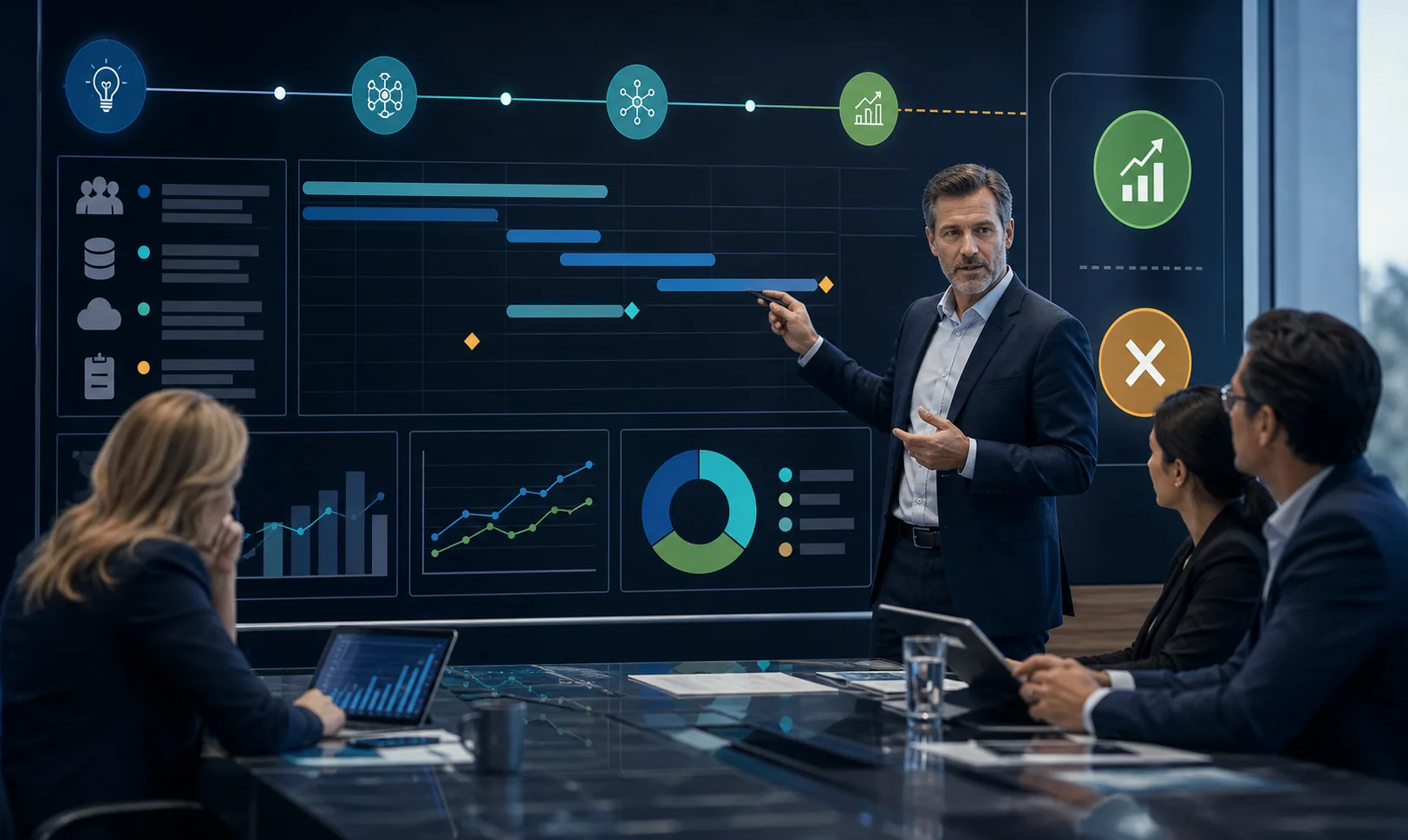 Leadership reviewing an AI pilot timeline against measurable financial outcomes