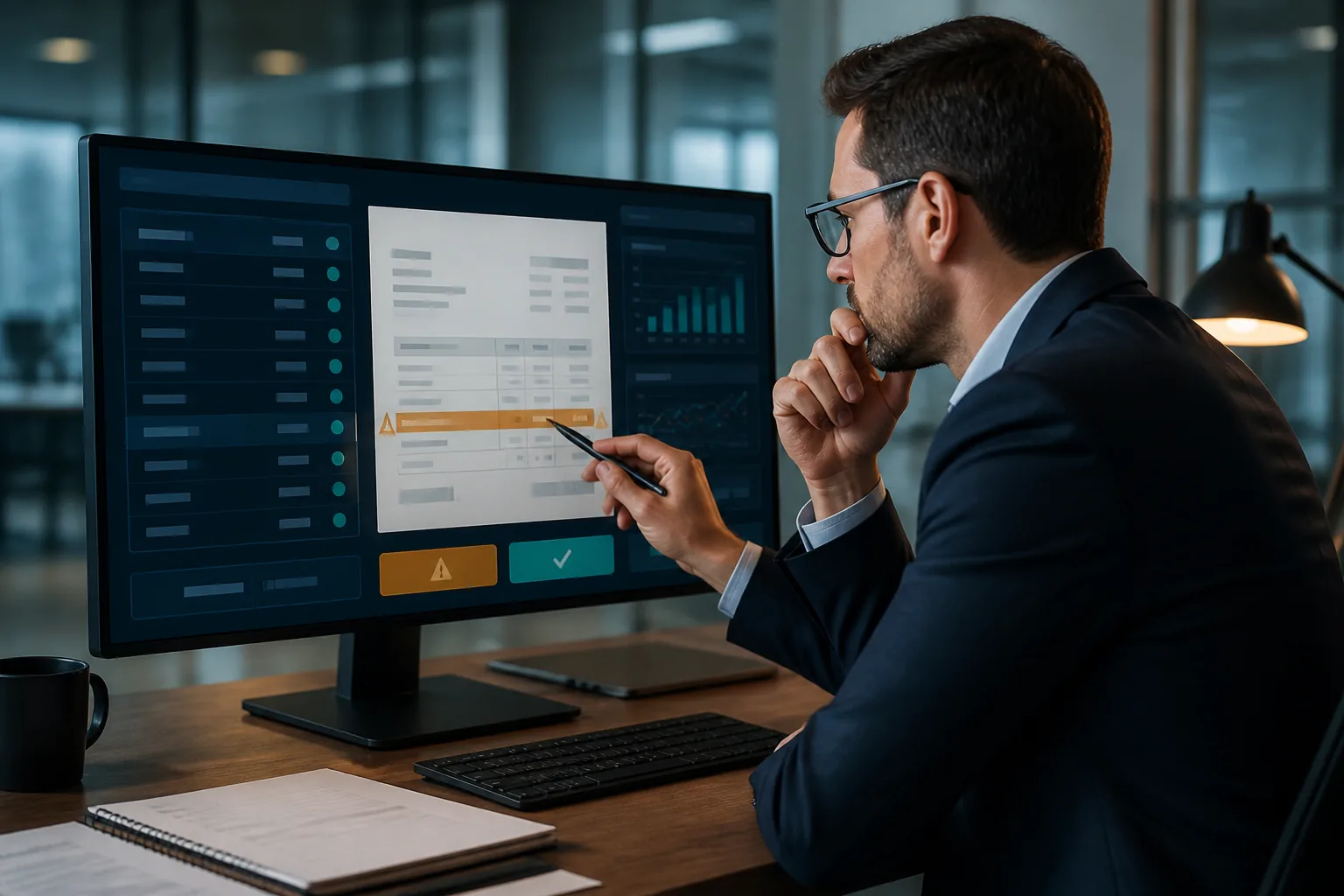 A finance professional reviewing an AI-generated invoice before approval