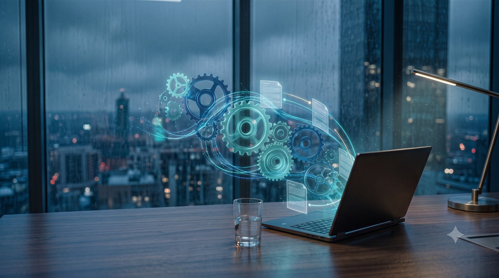 Glowing gears and streams of light rising from an open laptop at night