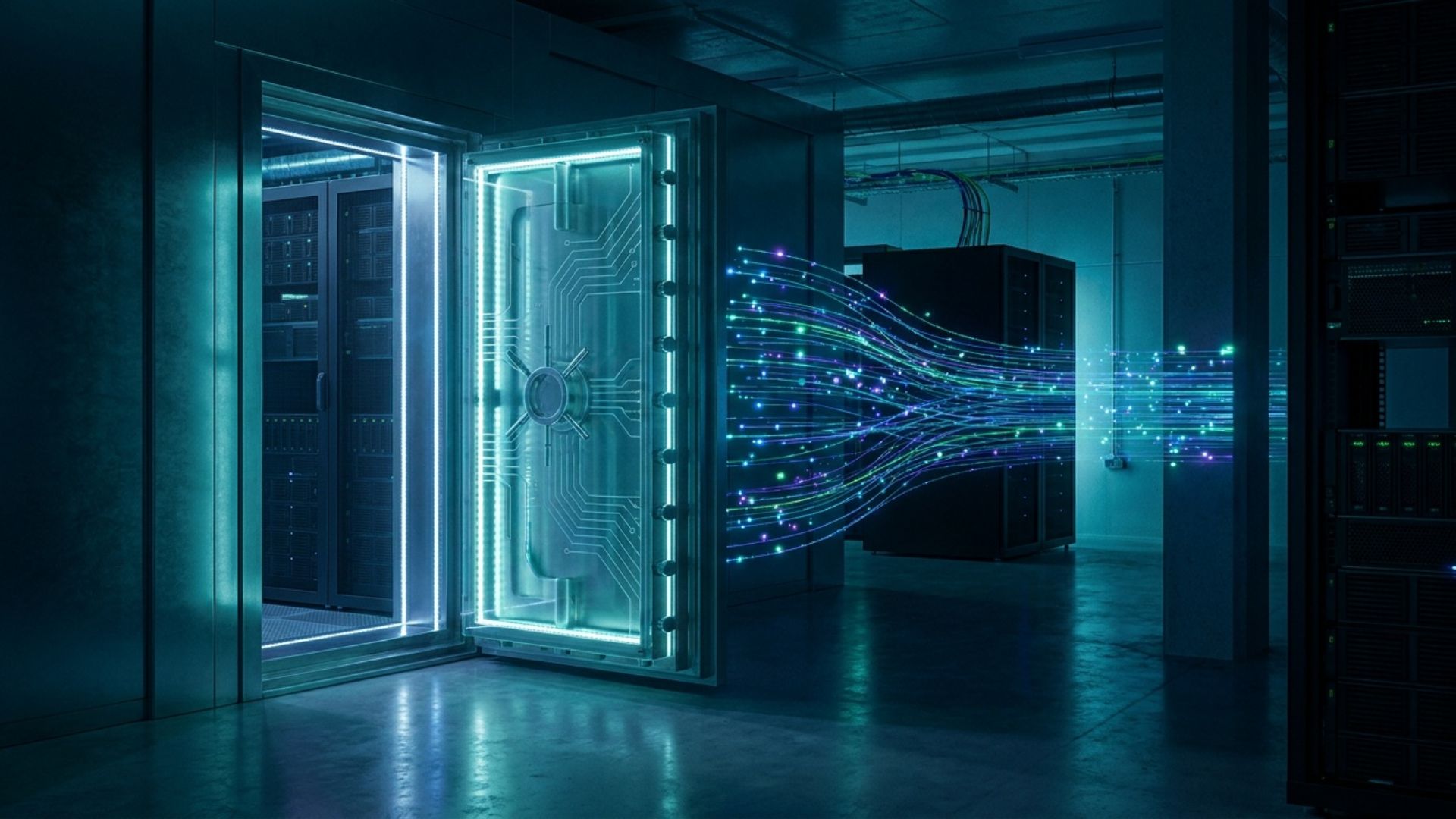 A glowing vault door protecting streams of data