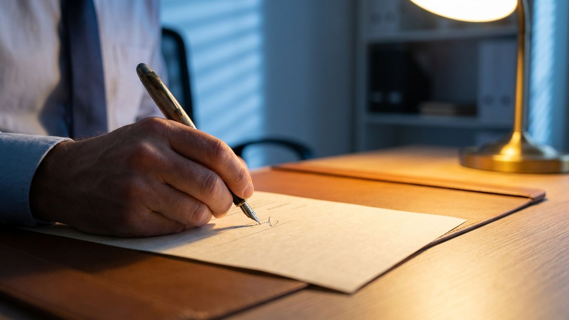 An executive signing a printed document