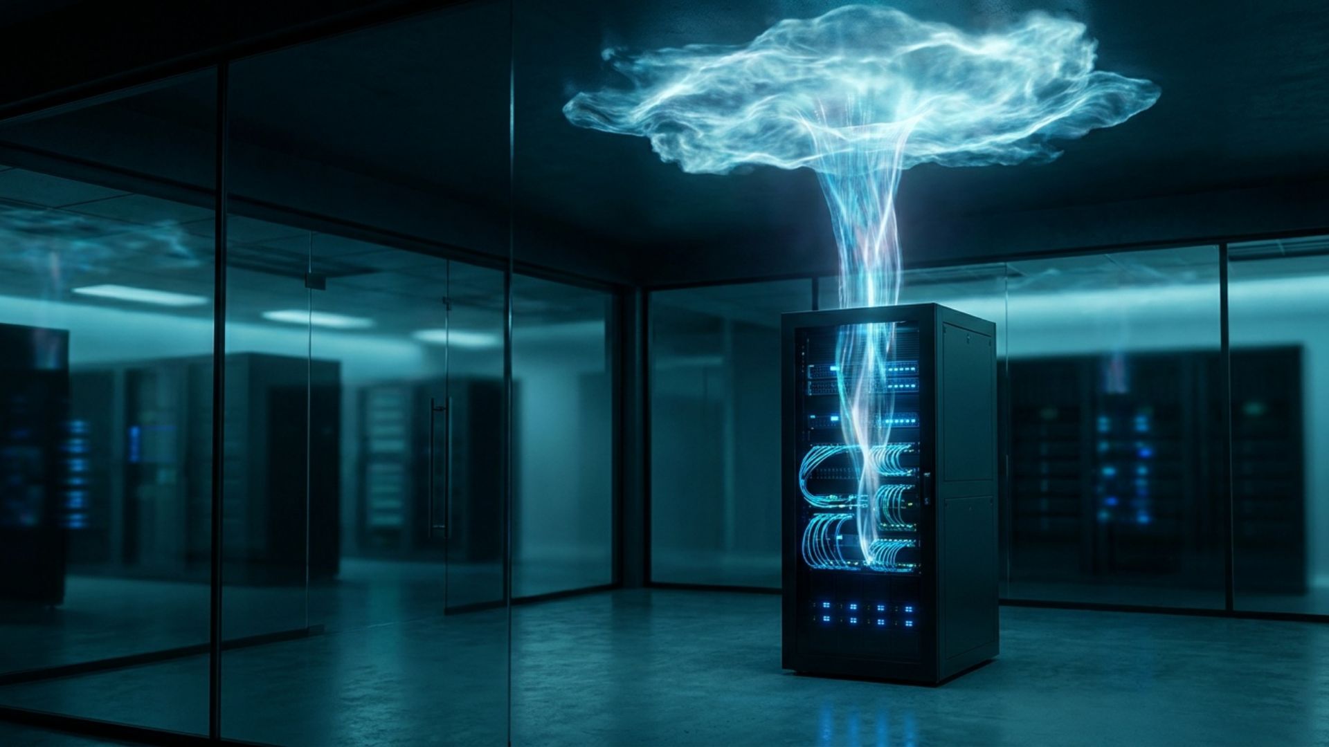 An on-premises server rack connected by light to a glowing cloud