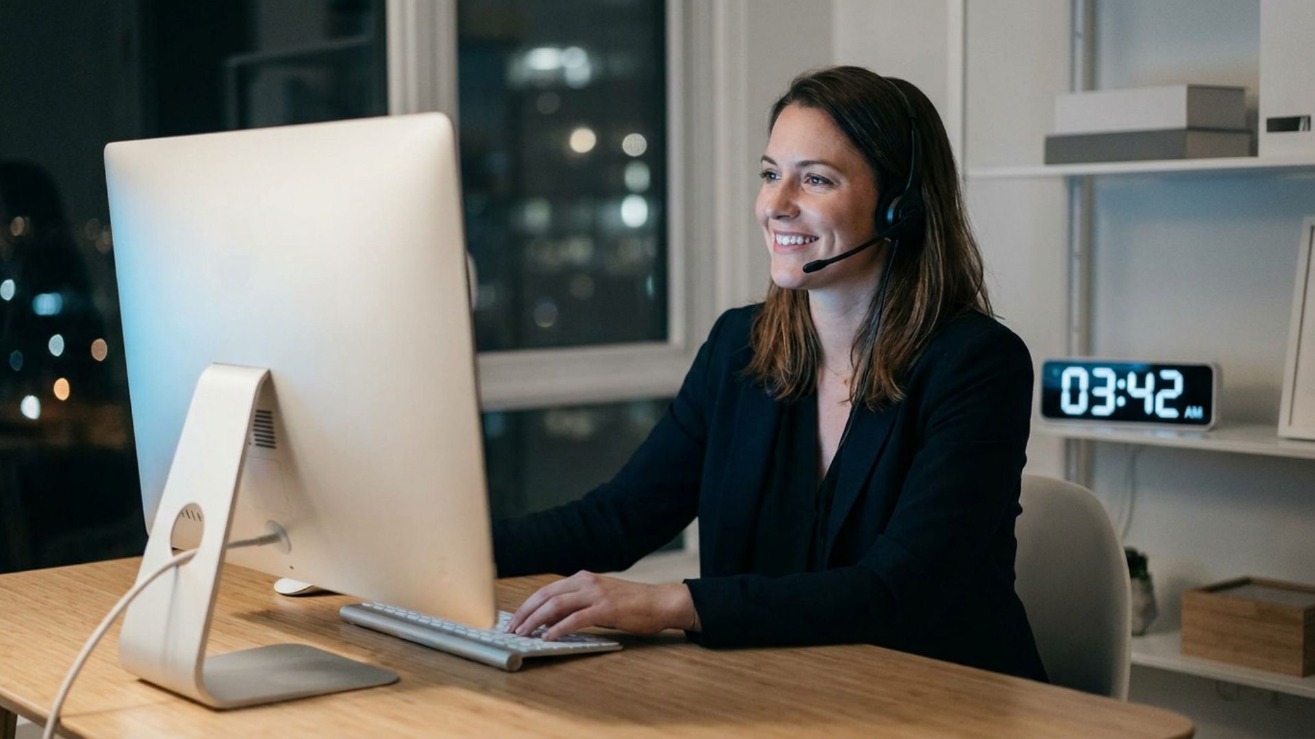 A customer-support professional at a modern desk