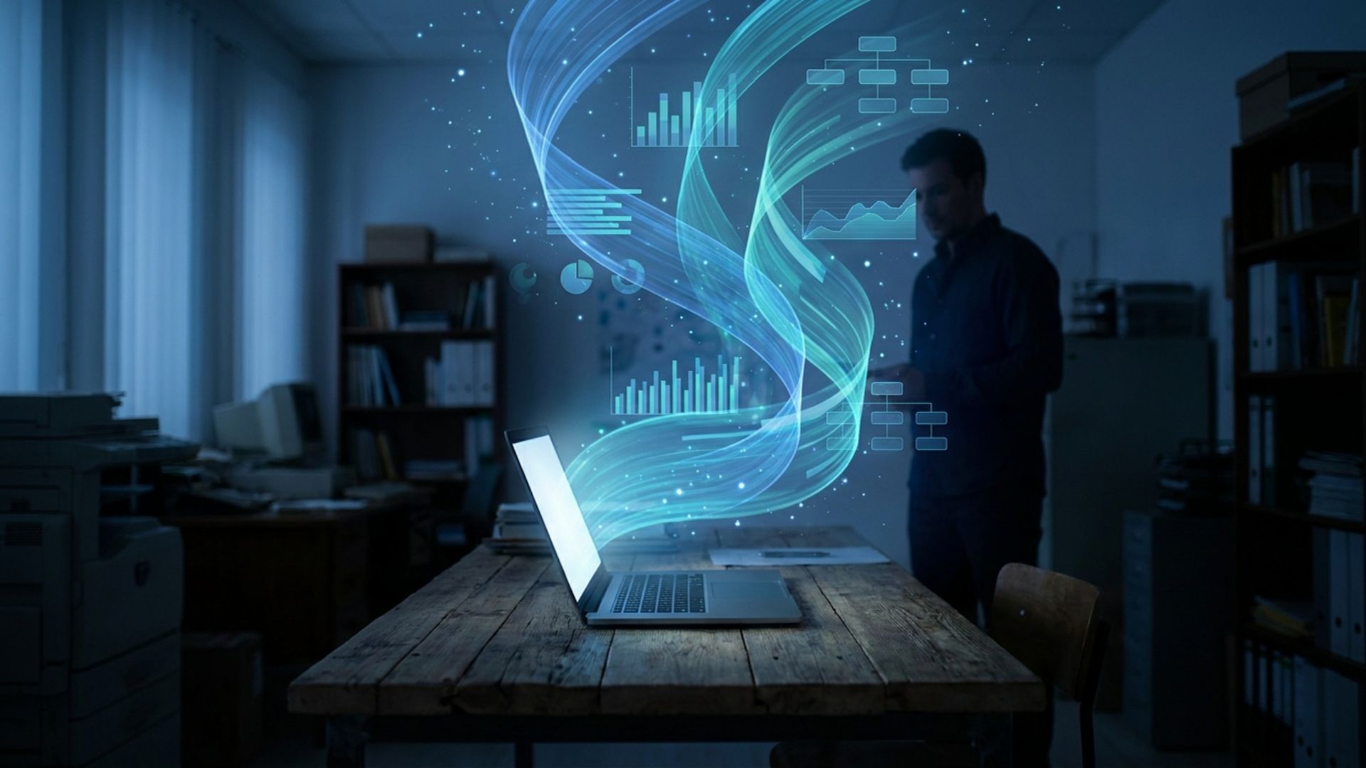 Data and charts rising from a laptop