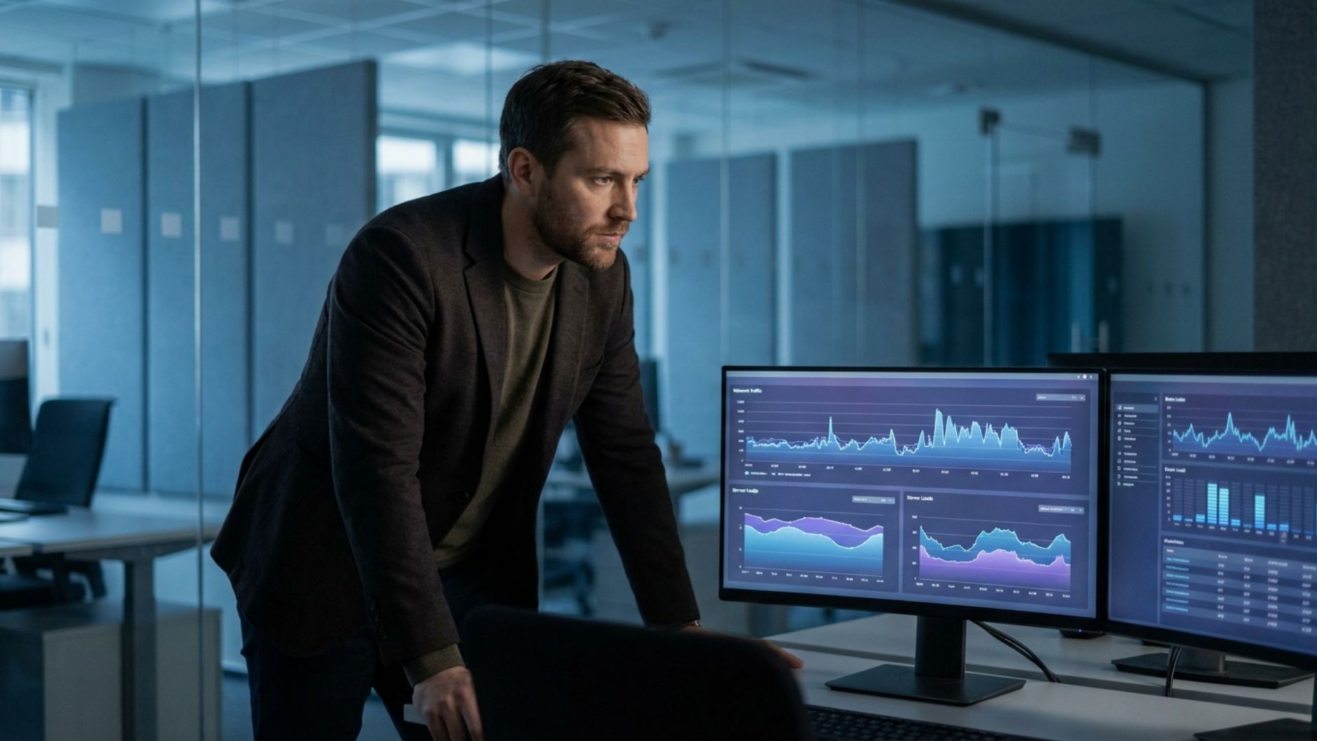 An IT professional reviewing performance dashboards