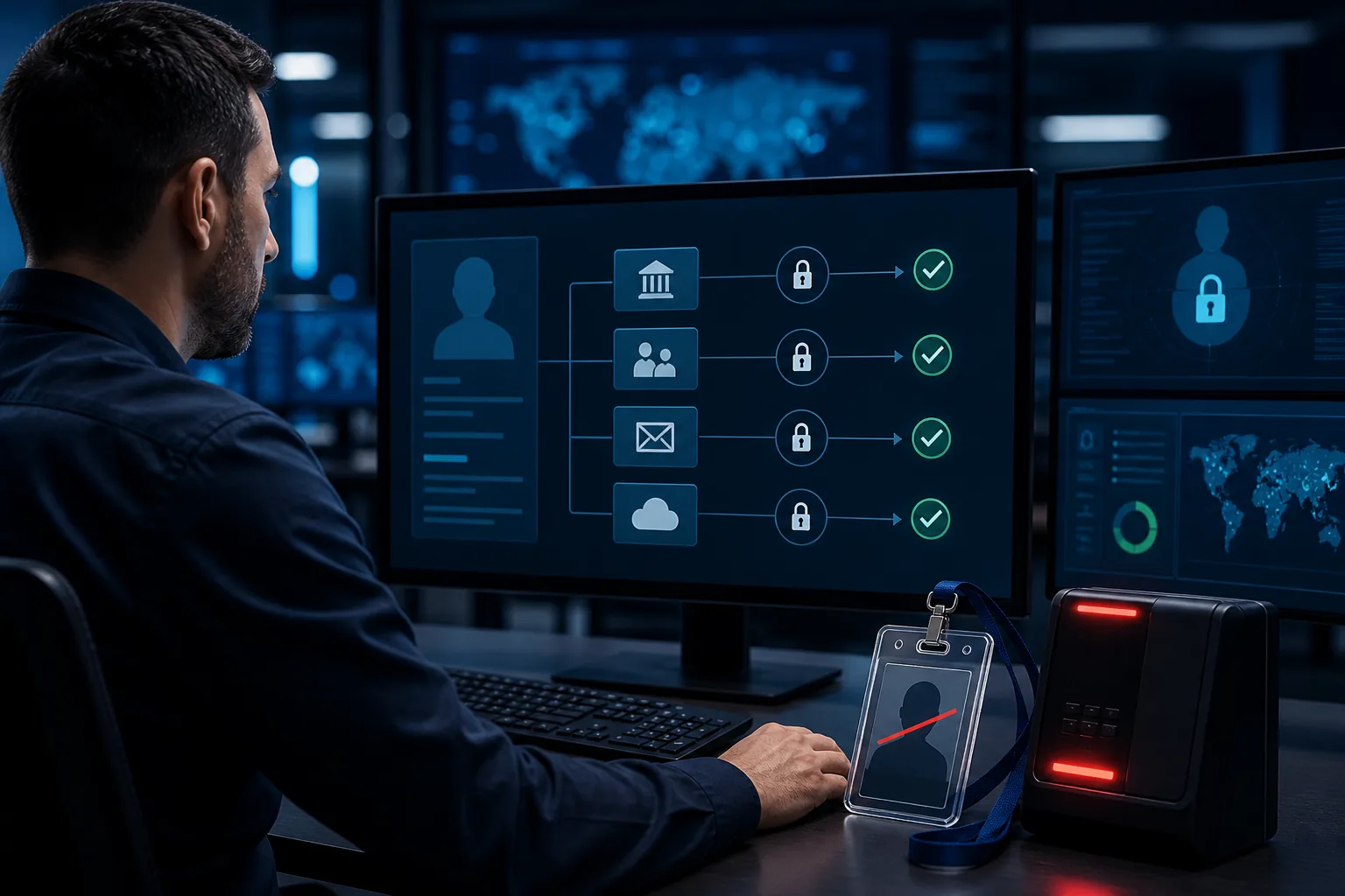 A security professional deactivating a former employee across company systems