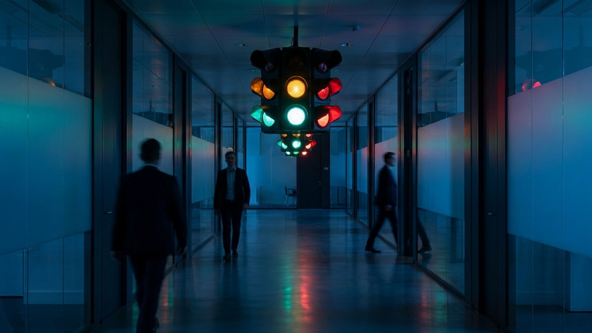 A traffic light glowing green, yellow, and red in an office corridor