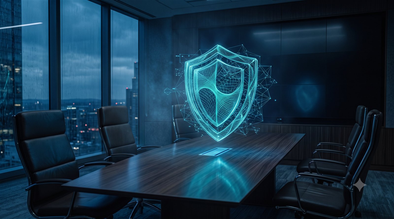 A glowing digital shield hovering over a boardroom table