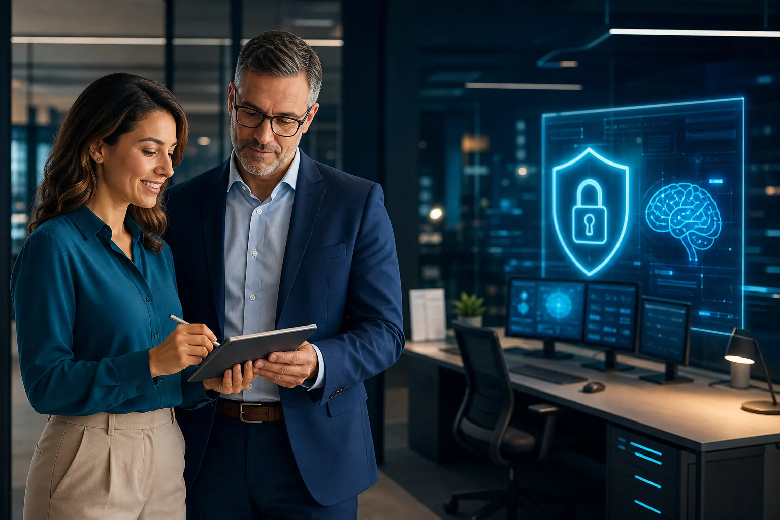 An employee and manager reviewing an AI policy beside a secure AI workspace