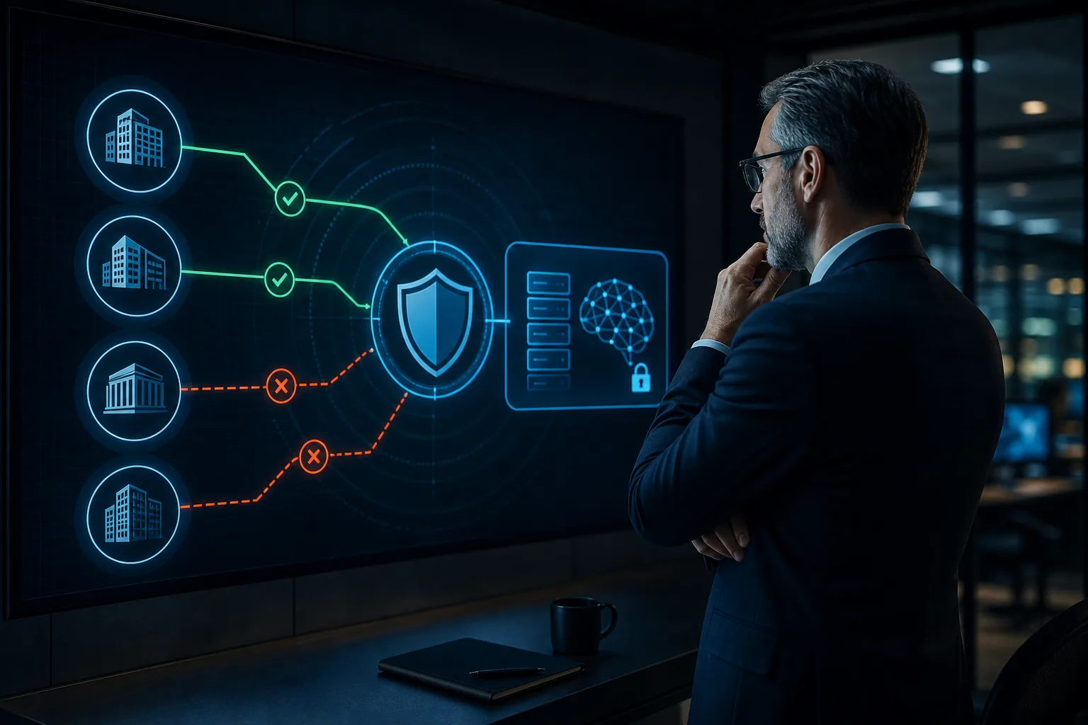 An executive reviewing approved and unapproved AI paths across outside vendors