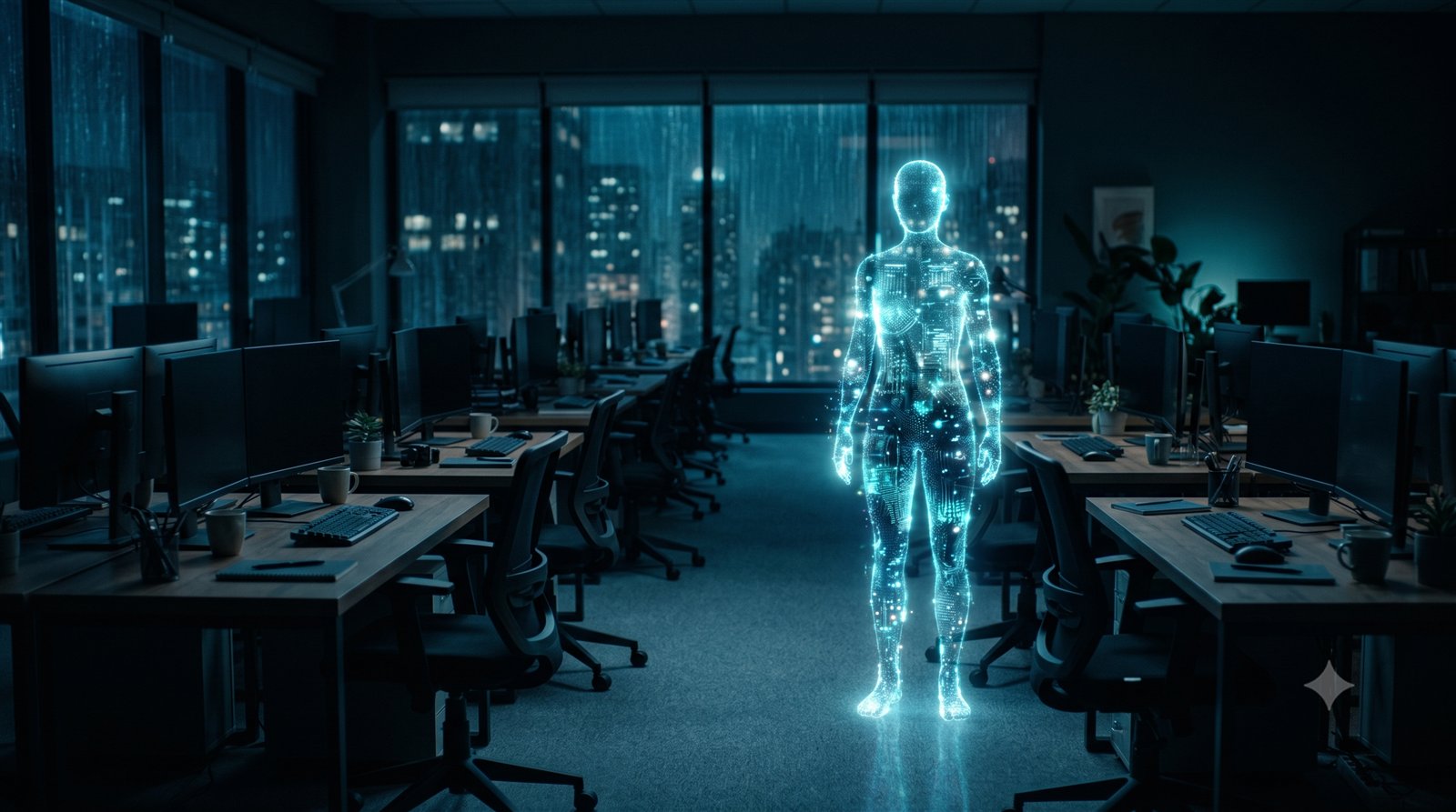 A glowing translucent figure standing among empty office desks at night
