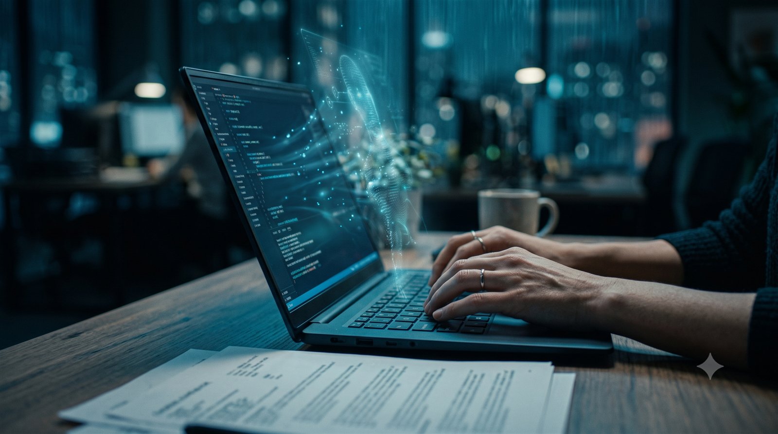 Hands typing confidential documents into a laptop with data streaming out